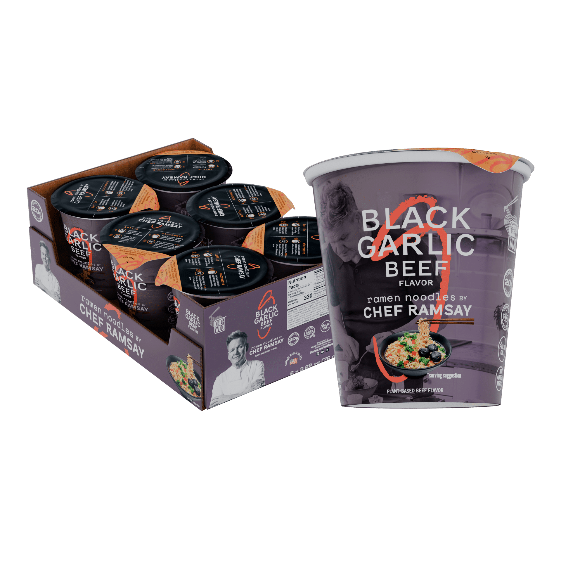 Black Garlic Beef Ramen Cup by Chef Ramsay (6 PACK) CHEF WOO High Protein Noodles | 20g of Animal-free, Bioavailable Protein | Made in U.S. |