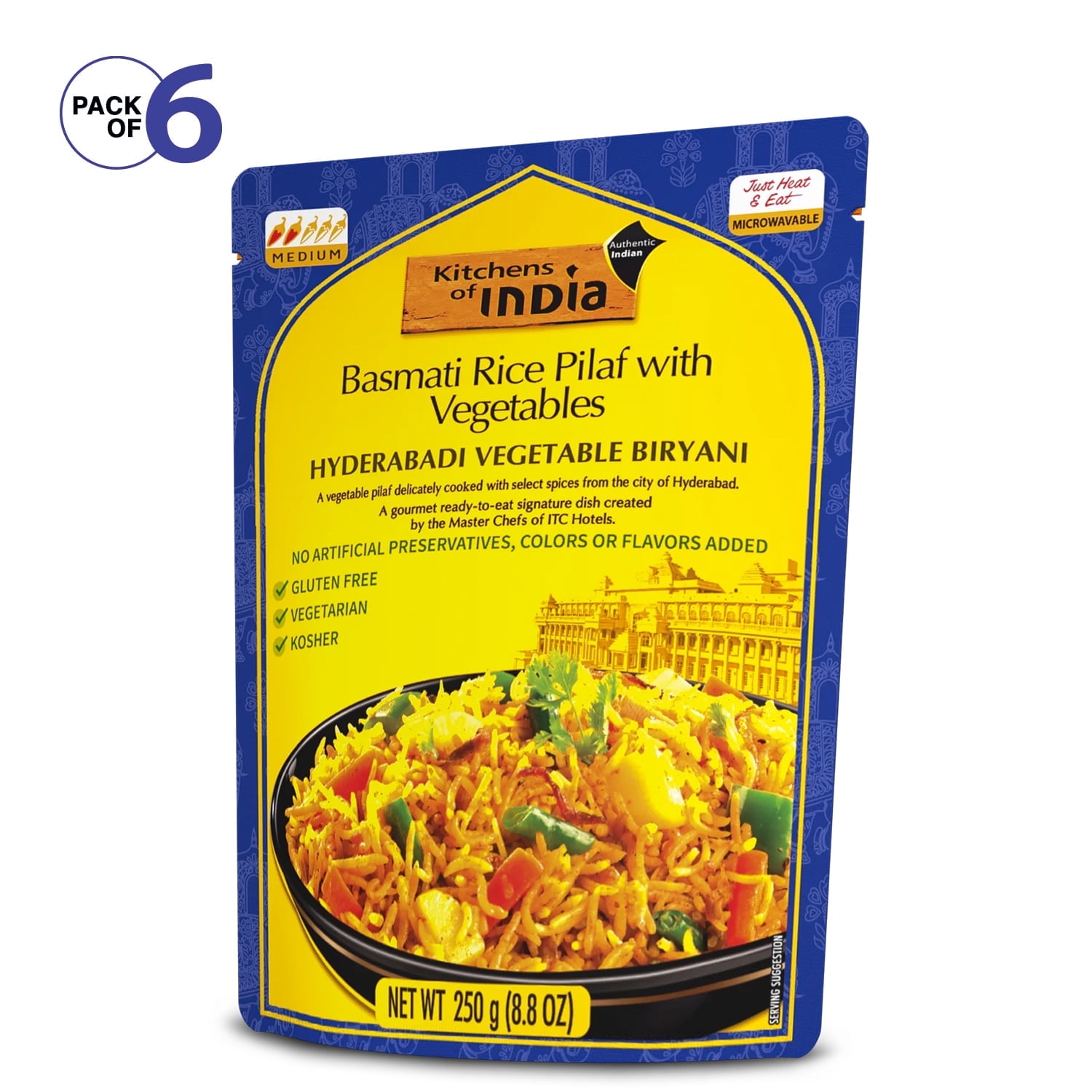 Kitchens of India Ready to Eat, Hyderabadi Vegetable Biryani, Basmati Rice Pilaf with Vegetables 8.8 oz (Pack of 6)