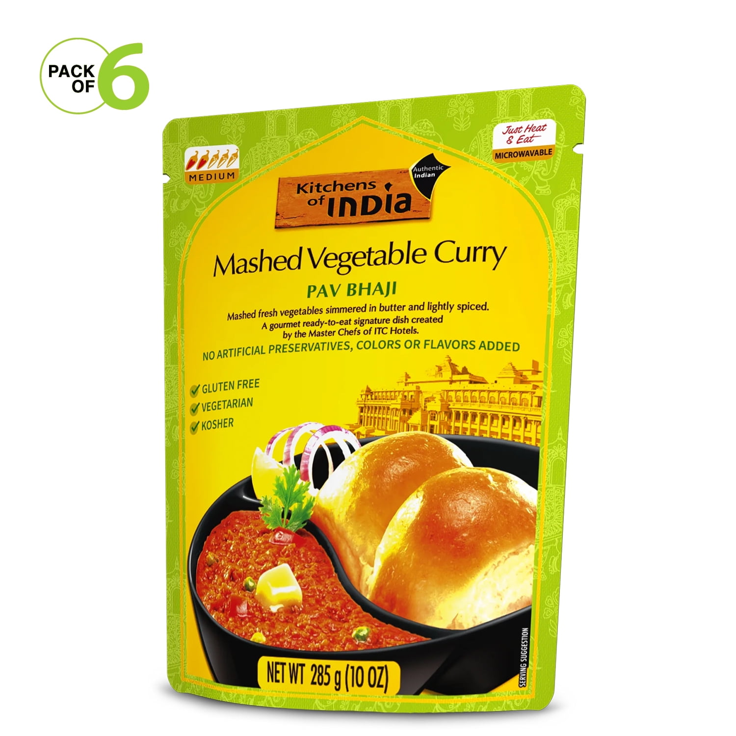 Kitchens of India Ready-To Eat, Pav Bhaji, Mashed Vegetable Curry, Authentic Indian Dish No Preservatives Added 10 oz (Pack of 6)